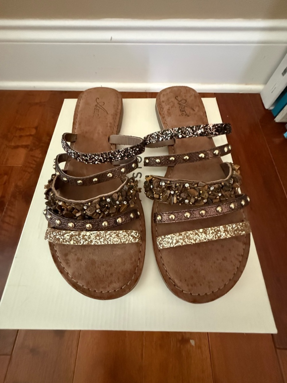 Azura Brown Jeweled Multi-Strap Slide Sandals